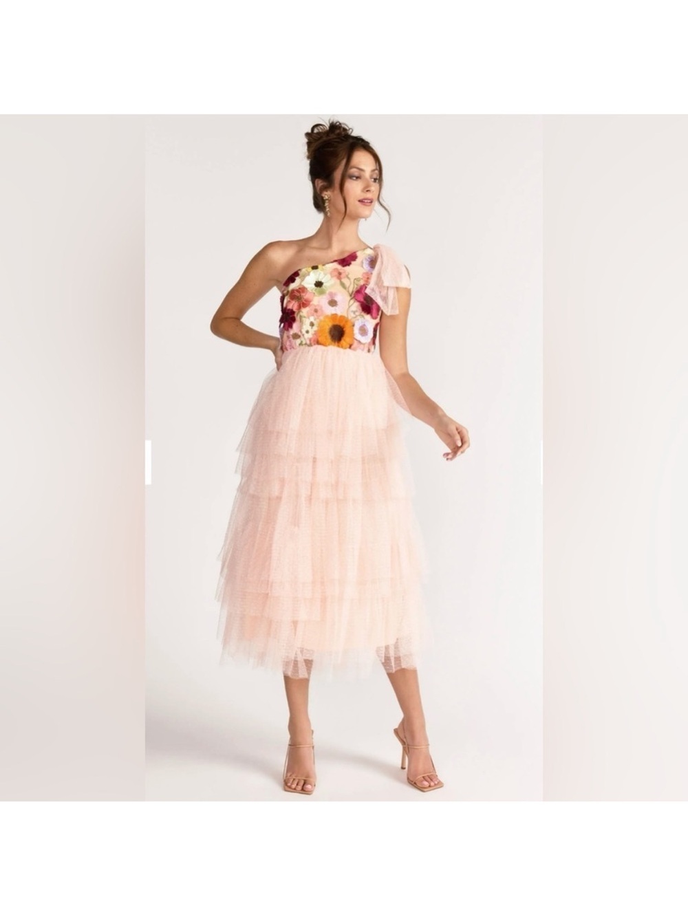 New York & Company Pink Floral One-Shoulder Tiered Tulle Midi Dress